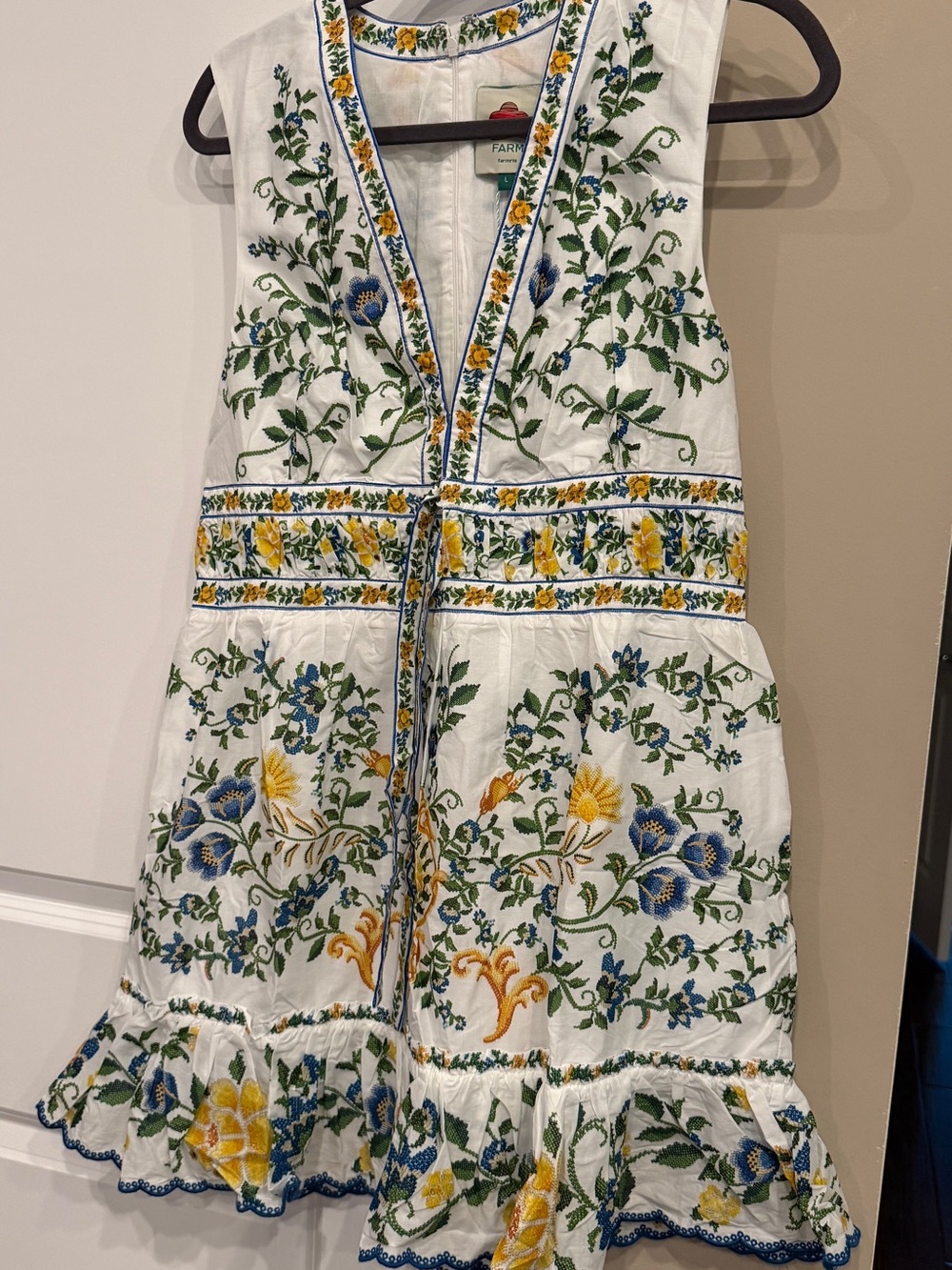 Farm Rio White Floral Embroidered Print Mini Dress Cotton
